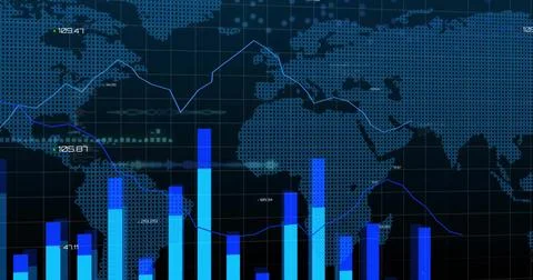 Image of data processing over diagrams and world map Illustrazione stock