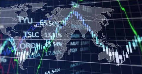 Image of data processing over diagrams and world map Illustrazione stock
