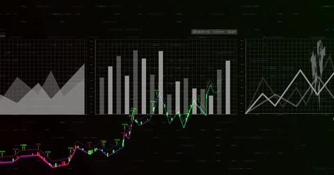Image of data processing over diagrams on black background Illustrazione stock