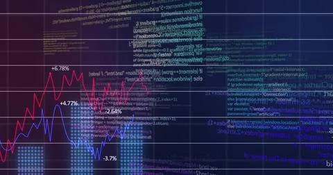 Image of data processing over diagrams on blue background Stockillustratie