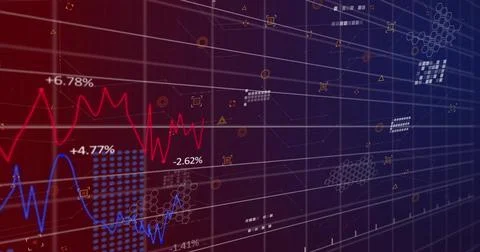 Image of data processing over diagrams on blue background Illustrazione stock