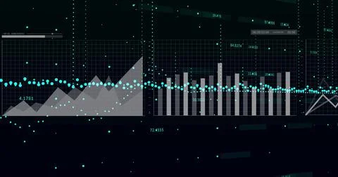 Image of data processing over diagrams on black background Illustrazione stock
