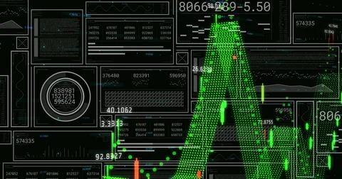 Image of data processing over diagrams on black background 스톡 일러스트
