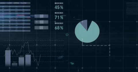 Image of data processing over diagrams and scope scanning on black background Stockillustratie