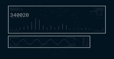 Image of data processing over diagrams on black background Illustrazione stock