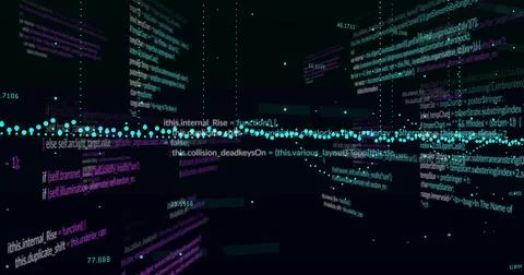 Image of data processing over diagrams on black background Illustrazione stock