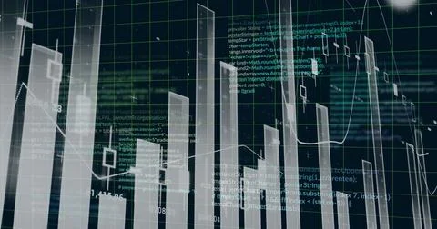 Image of data processing over diagrams on black background Foto stock