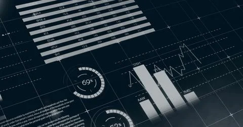 Image of data processing over diagrams and world map on black background Stock Photos