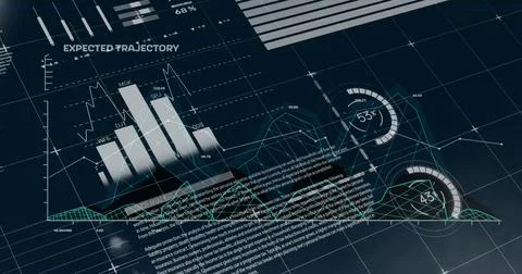 Image of data processing over diagrams and world map on black background Stock Photos