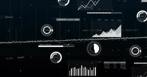 Image of data processing over diagrams on black background 스톡 사진