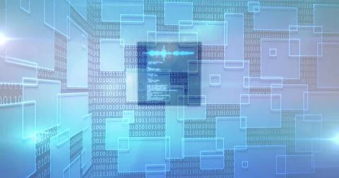 Image of data processing over digital screens with binar code Stockillustratie