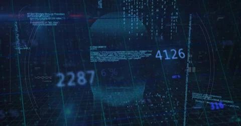 Image of data processing over digital human face on black background Illustrazione stock