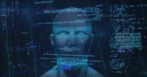 Image of data processing over digital human face on black background Illustrazione stock