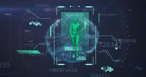 Image of data processing over digital human and brain model on black background Stockillustratie