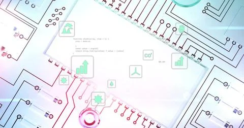 Image of data processing over digital icons and circuit board Stock Illustration