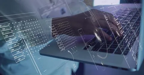 Image of data processing over digital screen and hands of african american man Stock Photos
