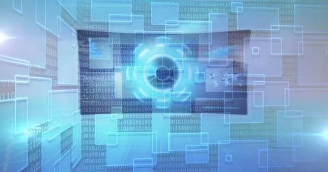 Image of data processing over digital screens with binar code Stock-Fotos