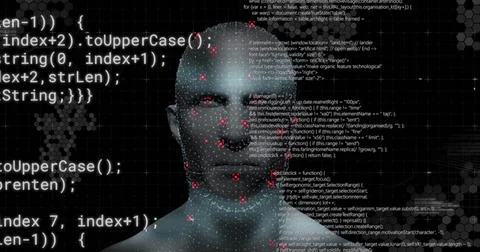 Image of data processing over digital human with icons 스톡 사진