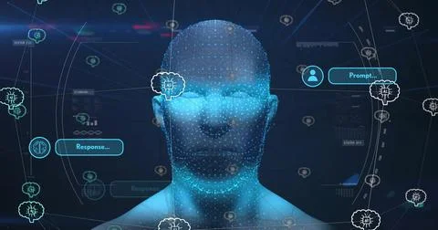 Image of data processing over digital human with ai icons 库存照片