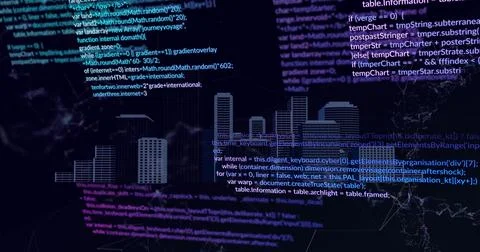 Image of data processing over digital city Foto stock