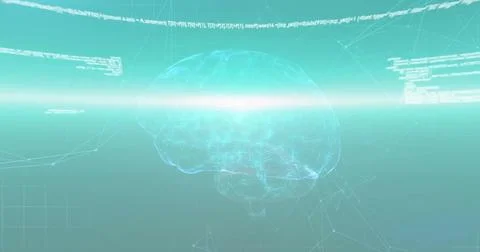 Image of data processing over digital brain on blue background Stock Photos