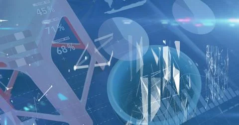 Image of data processing over digital interface on blue background Stock Photos