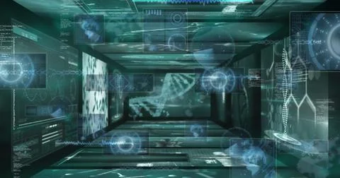 Image of data processing over digital screens Foto stock