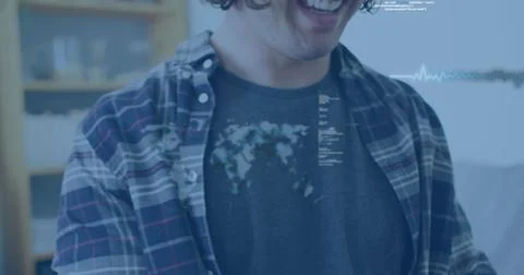 Image of data processing over disabled cuacasian man sitting in wheelchair using イラスト素材