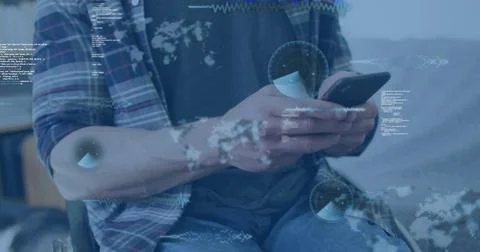 Image of data processing over disabled cuacasian man sitting in wheelchair using Illustrazione stock