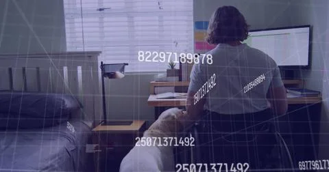 Image of data processing over disabled cuacasian man sitting in wheelchair using Stock Illustration