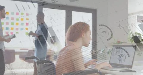 Image of data processing over disabled cuacasian woman sitting in wheelchair 스톡 일러스트