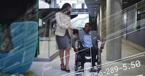 Image of data processing over disabled african american man with caucasian Illustrazione stock