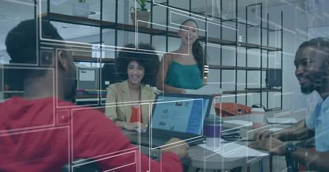 Image of data processing over disabled african american man with diverse 스톡 사진