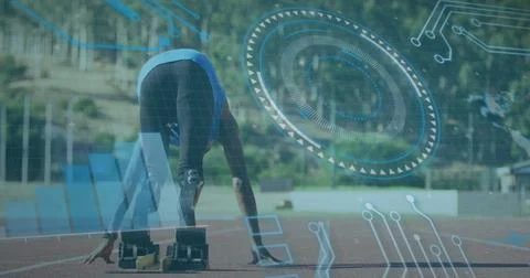 Image of data processing over disabled african american male runner Foto stock