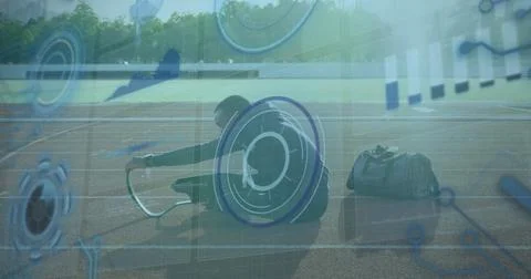 Image of data processing over disabled african american male runner Foto stock