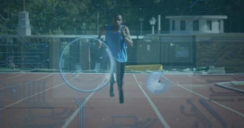 Image of data processing over disabled african american male runner Foto stock