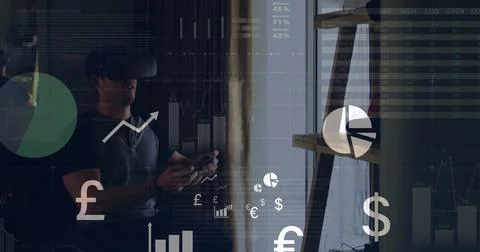 Image of data processing over disabled caucasian man in wheelchair using vr Stockfoto's