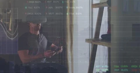 Image of data processing over disabled caucasian man in wheelchair using vr Stock Photos