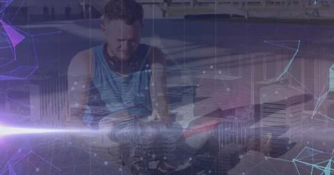 Image of data processing over disabled caucasian sportsman 写真素材