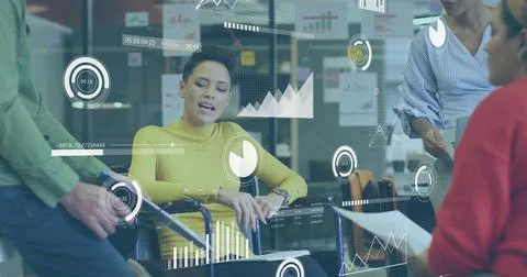 Image of data processing over disabled and diverse business people working in Stock Photos