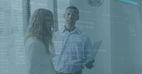 Image of data processing over diverse business people talking 스톡 일러스트