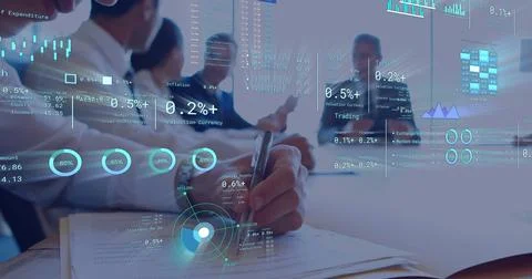 Image of data processing over diverse business people in office 스톡 일러스트