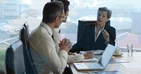 Image of data processing over diverse business people in office 스톡 일러스트