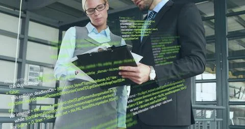 Image of data processing over diverse business people in office 스톡 일러스트