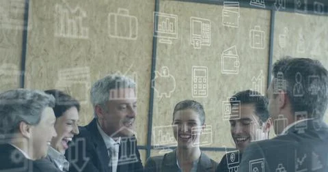 Image of data processing over diverse business people in office 스톡 일러스트