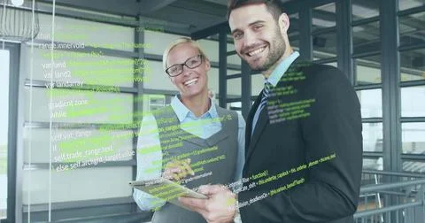 Image of data processing over diverse business people in office 스톡 일러스트