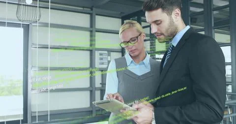 Image of data processing over diverse business people in office Stockillustratie