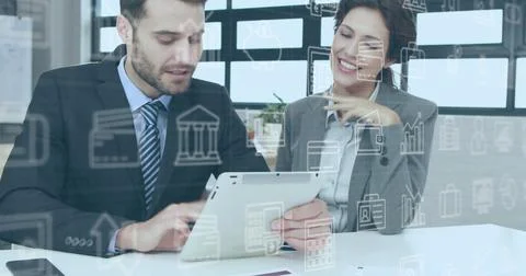 Image of data processing over diverse business people in office 库存插图