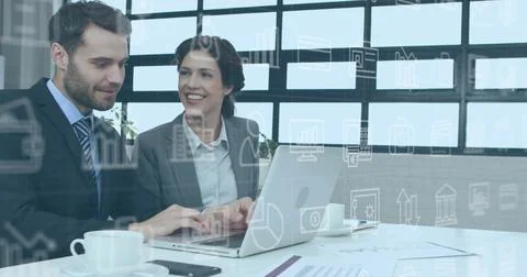 Image of data processing over diverse business people in office 스톡 일러스트