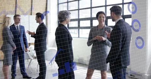 Image of data processing over diverse business people in office 스톡 일러스트